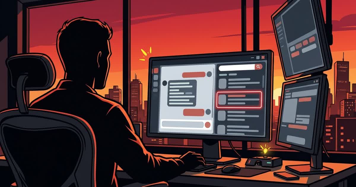Illustration of a person at a desk at sunset, a search result highlighted in red on an AI chat screen