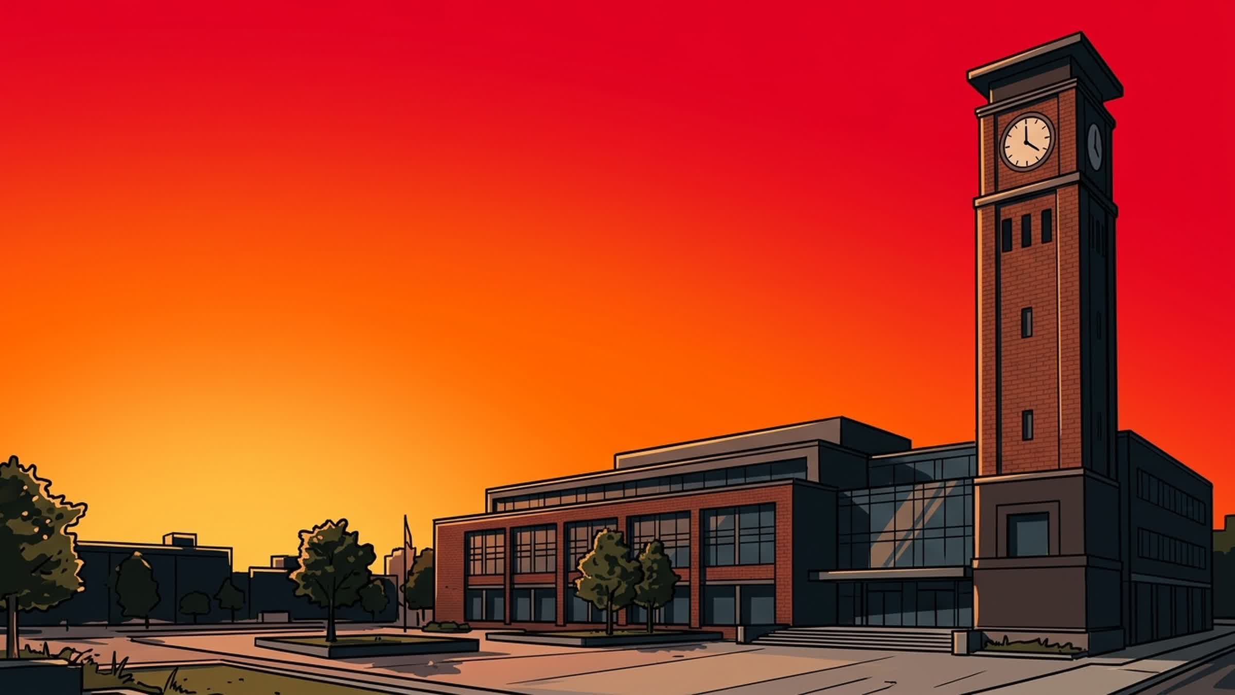 Illustrated brick civic building with a clock tower at sunset, Kitchener